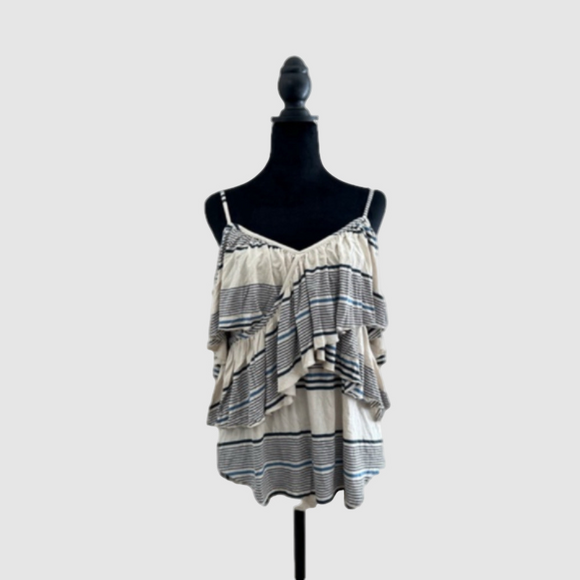 Chaser Tops - Chaser Ruffle Stripe V Neck Tank Top Medium Cream Blue